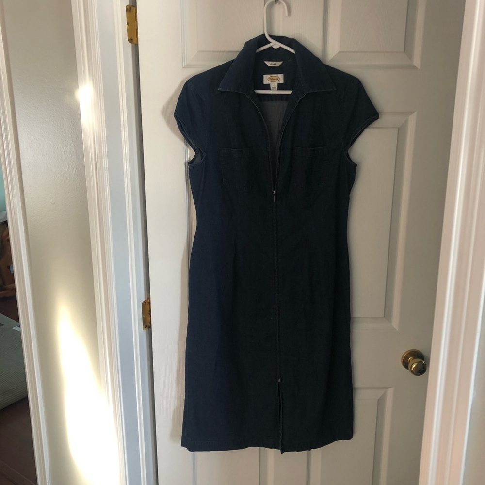 Talbots denim jean 8 zip up midi dress dark Wash with cap sleeves